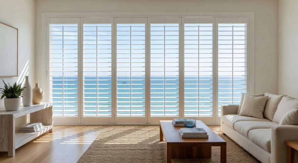 Ultra-realistic 8K photo of elegant white aluminum plantation shutters in a bright modern Florida living room with ocean view, natural daylight, luxury coastal interior design