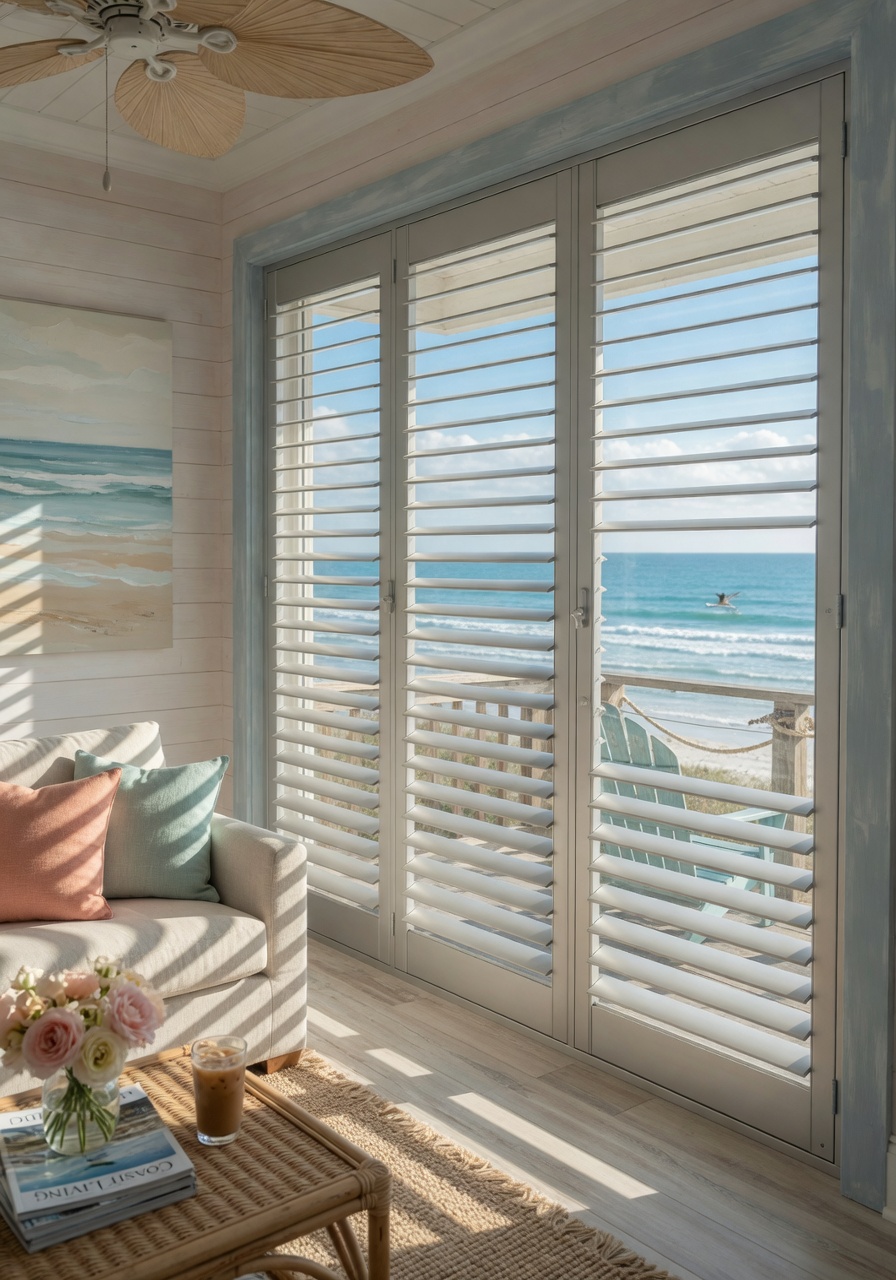 Ultra-realistic 8K photo of elegant aluminum plantation shutters installed in a bright Florida beach house living room with ocean view, morning sunlight streaming through, showing perfect louver alignment, coastal modern interior design, highly detailed textures