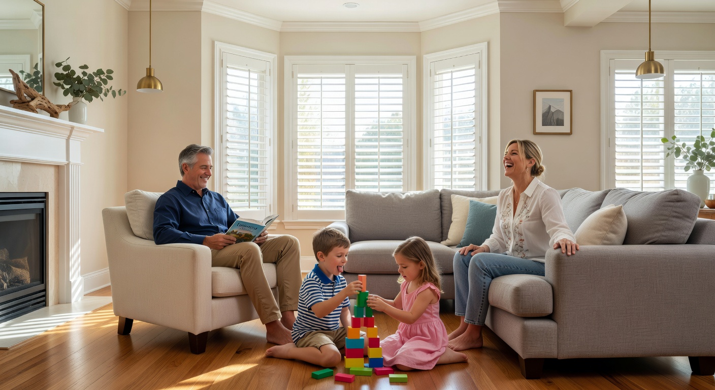 Inspirational 8K lifestyle photograph of happy Florida family enjoying their beautifully renovated living room with new plantation shutters, natural light, warm atmosphere
