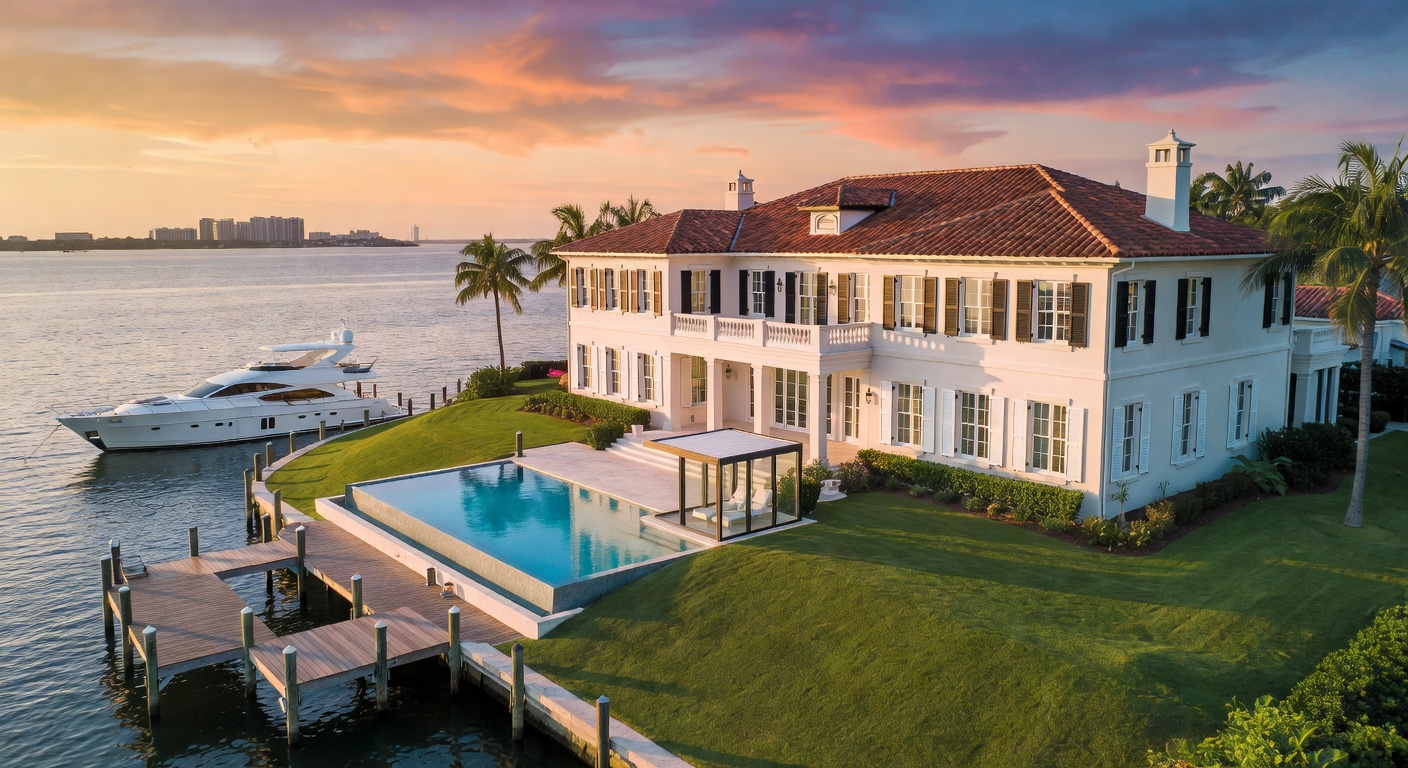 Aerial view of luxury waterfront Florida mansion with perfectly installed plantation shutters visible on multiple windows, golden hour lighting, real estate photography