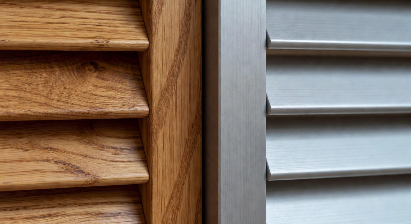 Close-up 8K detailed texture comparison of aluminum vs real wood plantation shutter louvers side by side showing material differences, professional product photography