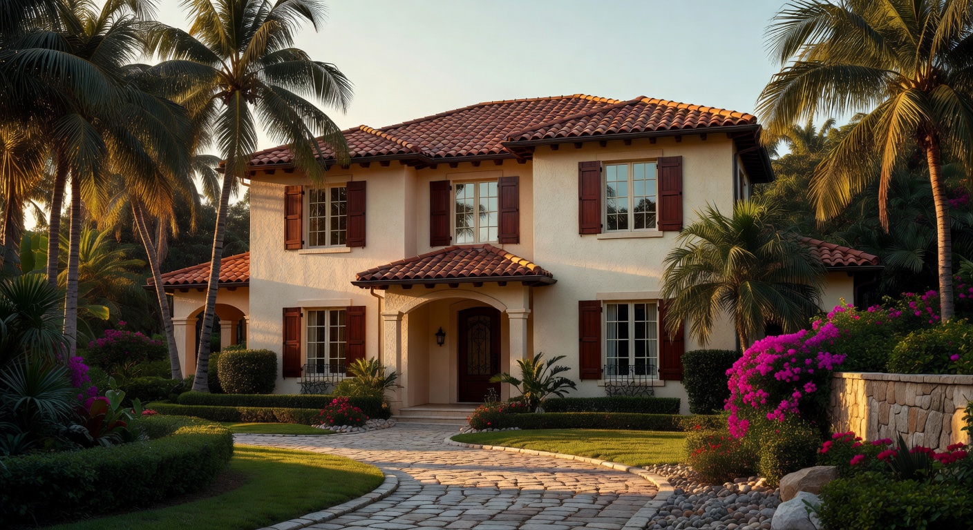 Beautiful traditional Florida Mediterranean home exterior with dark wood plantation shutters on windows, lush tropical landscaping, golden hour lighting, cinematic composition