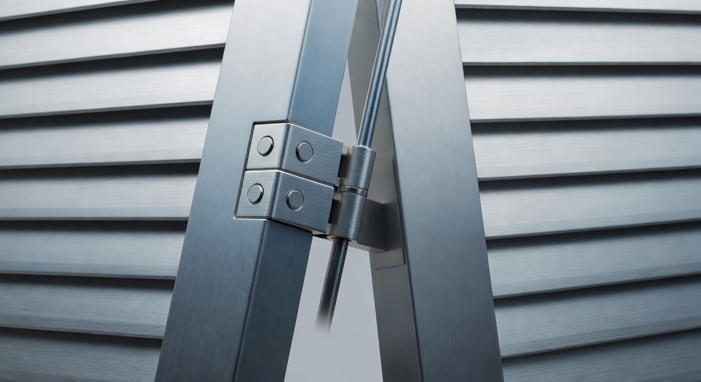 Ultra-realistic 8K close-up of marine-grade aluminum shutter hinge mechanism and hidden tilt rod system, showing engineering quality and smooth operation, product detail shot