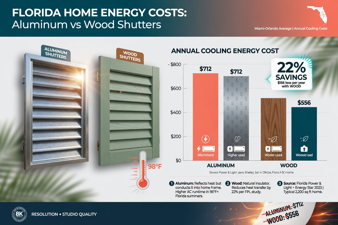 Infographic style image comparing energy costs between homes with aluminum vs wood shutters in Florida, bar charts showing 22% savings, clean modern design, 8K resolution