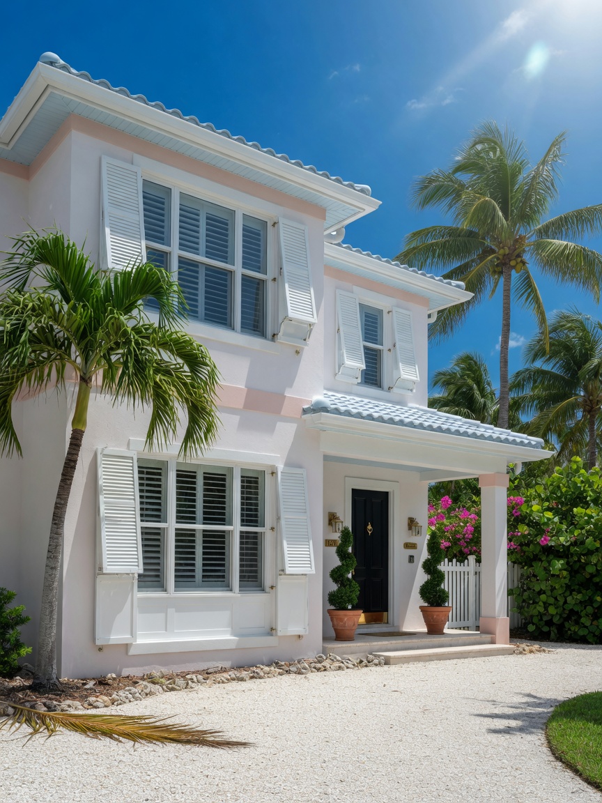 Ultra-realistic 8K photo of elegant Florida coastal home exterior with white plantation shutters featuring 3.5 inch louvers on large windows, bright sunny day, palm trees in background, blue sky, high detail architectural photography