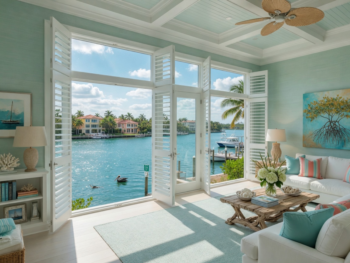 Coastal Florida great room with open 4.5 inch louver plantation shutters revealing stunning Intracoastal waterway view, bright and airy, 8K photorealistic