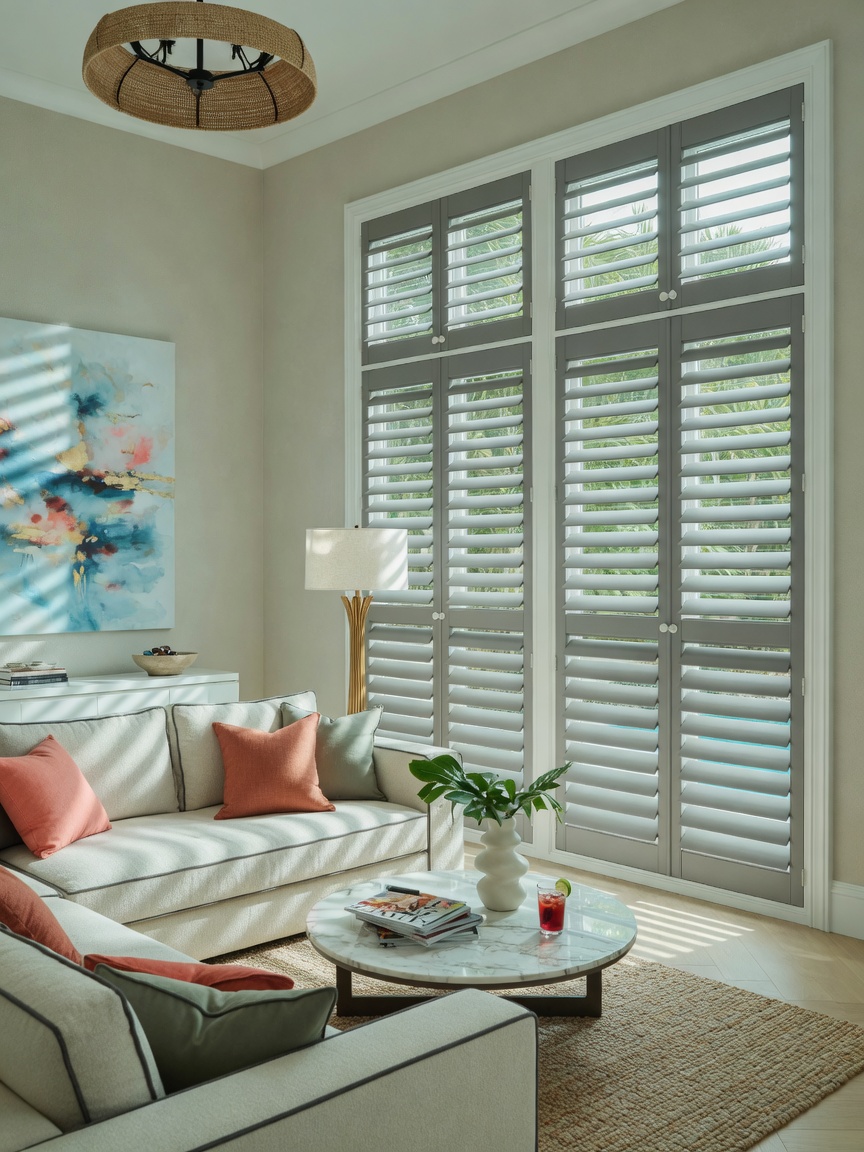 Two-tone plantation shutters with white frame and gray 3.5 inch louvers in contemporary Florida living room, stylish modern interior, 8K photography
