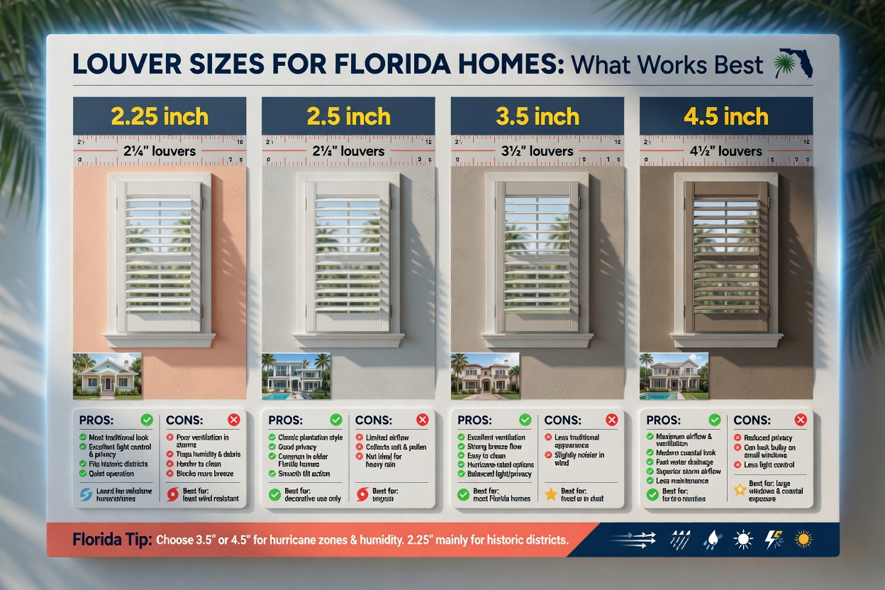 Comprehensive infographic-style image showing different louver sizes (2.25, 2.5, 3.5, 4.5 inch) with pros and cons for Florida homes, clean design with realistic shutter samples, 8K