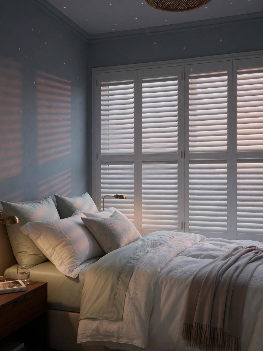 Darkened bedroom interior at sunrise with 2.5 inch louver plantation shutters completely closed blocking Florida morning sun, peaceful atmosphere, high-end bedding, ultra realistic 8K