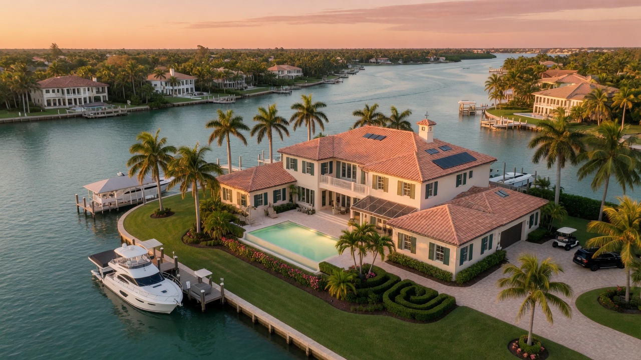 Aerial view of upscale waterfront Florida home with consistent plantation shutters on all windows, golden hour lighting, palm trees, 8K cinematic photography